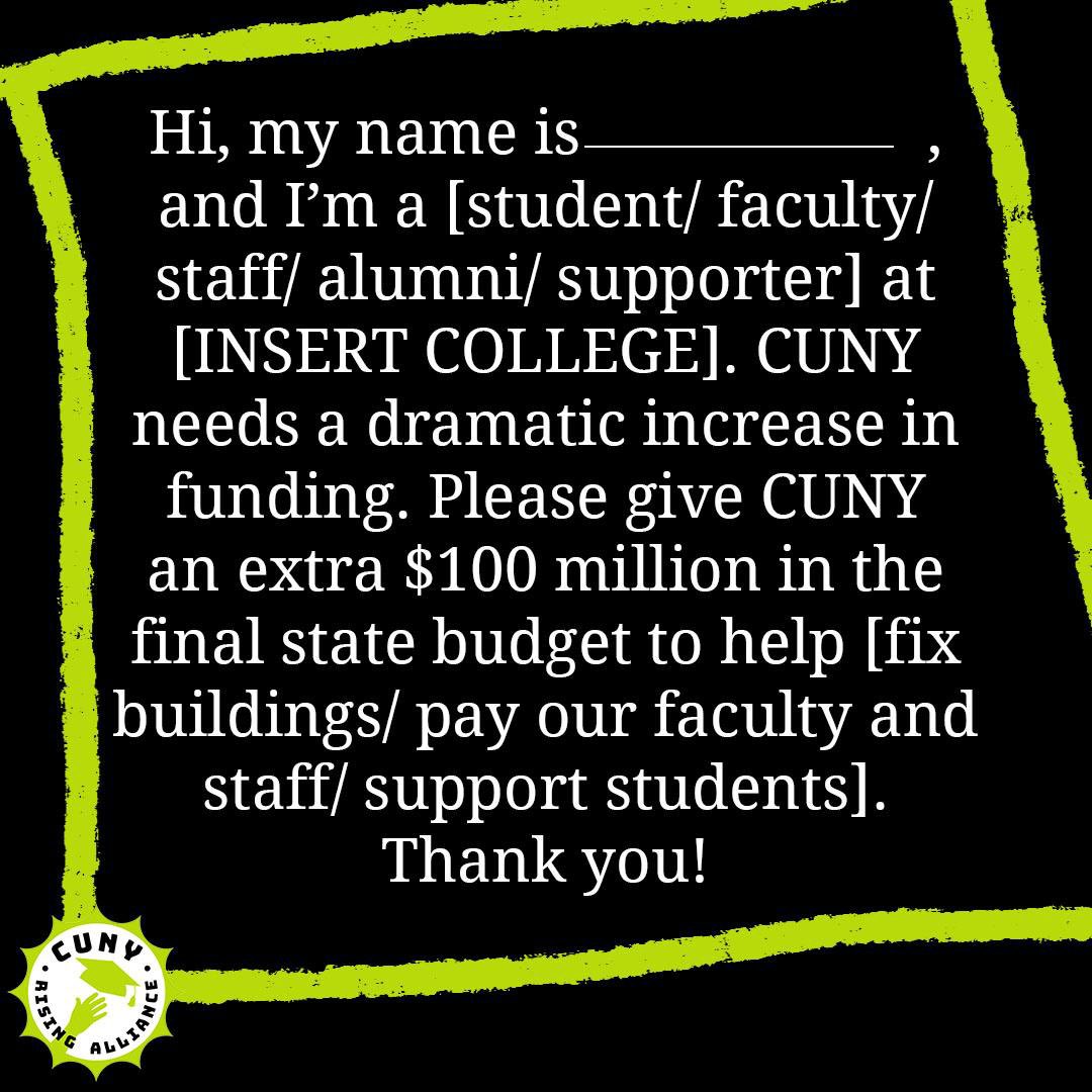 ‼️URGENT‼️ The NYS budget is still being delayed, and CUNY is still at risk of not receiving major funding. Call Governor Hochul’s office now to tell Albany that we need $100 million in funding to fix our schools, pay our faculty/staff, and support students!!!