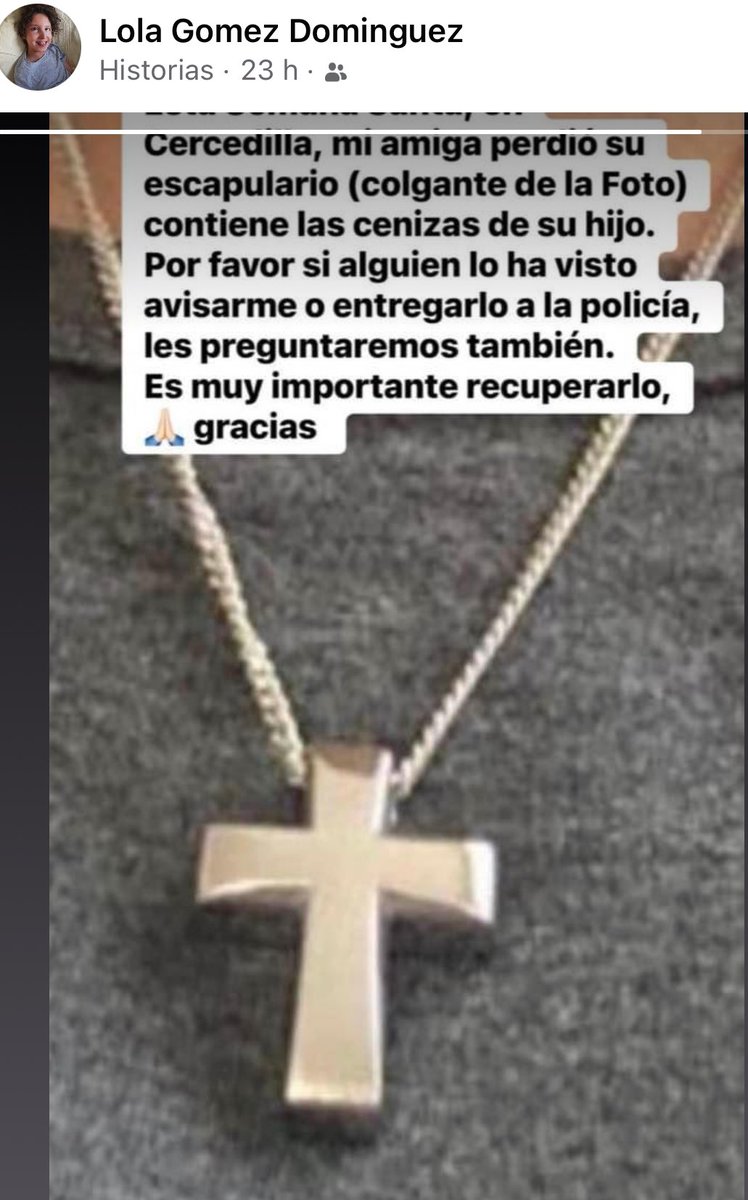 X #HazTuMagia Esta Semana Santa, en Cercedilla (Madrid), mi cuñada perdió esta cruz. Es muy importante para ella porque en su interior lleva parte de las cenizas de mi sobrino Nico. Si alguien lo encuentra para ella sería una gran alegría 🙏🏻🙏🏻🙏🏻