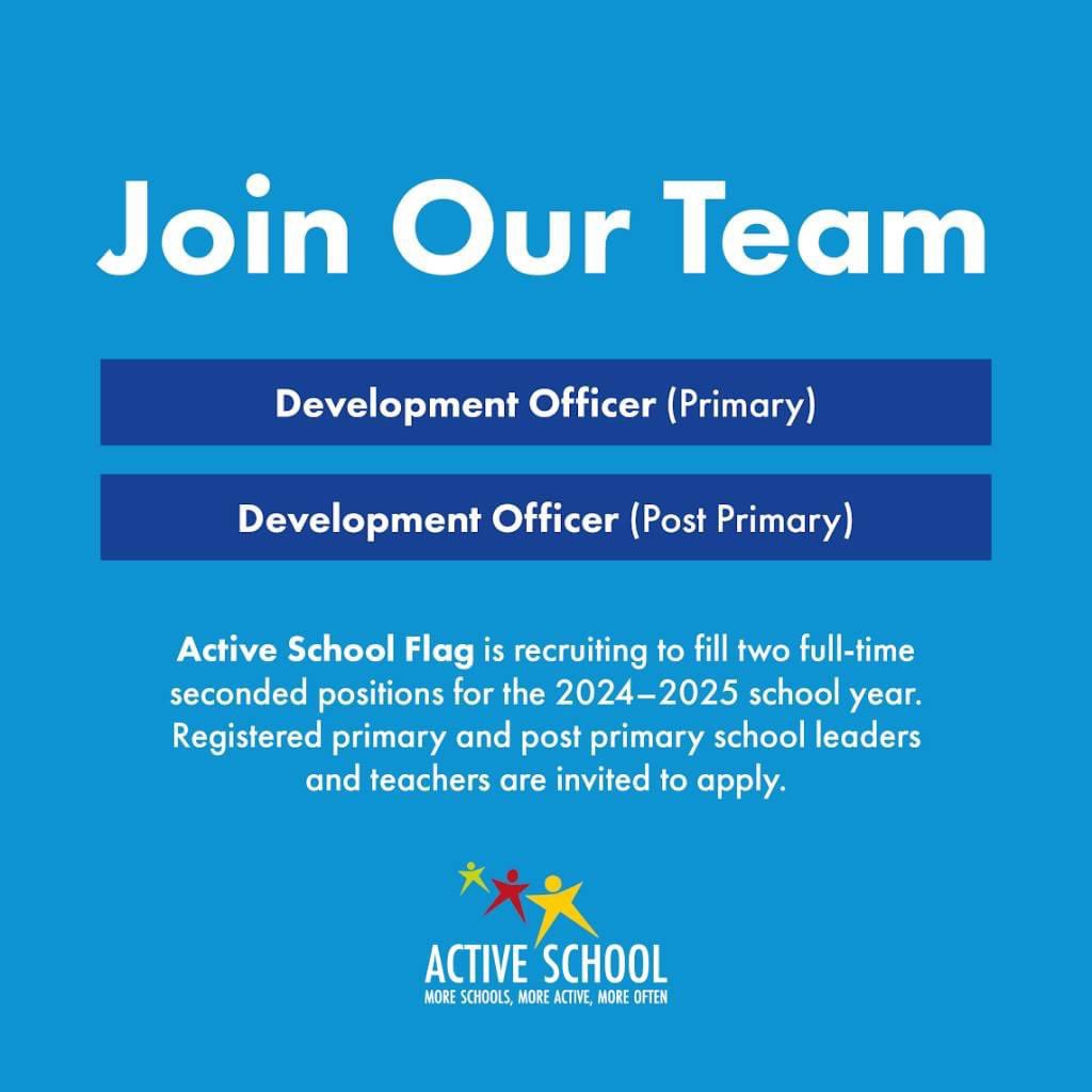 ⛹🏼‍♀️🏋️🤽🏼‍♀️🚴‍♂️The Active School Flag Programme currently has 2 Development Officer roles-primary and post primary. These positions will be filled on a secondment basis from Sept. 2024⛹🏼‍♀️🏋️🤽🏼‍♀️🚴‍♂️ Full details activeschoolflag.ie/join-our-team/ Closing date for receipt of applications-Wed 17th April