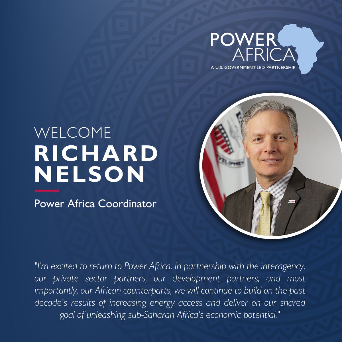 ICYMI | We welcomed (back) Richard Nelson as the new Power Africa Coordinator! Richard will be based in Washington D.C. He's no stranger to Power Africa. Before serving as @USAID Uganda Mission Director, he was our Dep Coordinator in 🇿🇦 🔴 About Richard: ow.ly/WJGj50R7aG1
