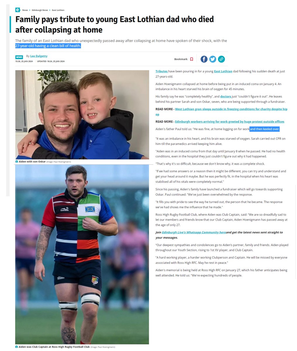 East Lothian, Scotland - 27 year old rugby captain Aiden Hoenigmann collapsed at home and died a few days later on Jan.8, 2024 'He was fine, at home logging on for work and then keeled over.' 'It was an imbalance in his heart, and his brain was starved of oxygen for 45 minutes'…