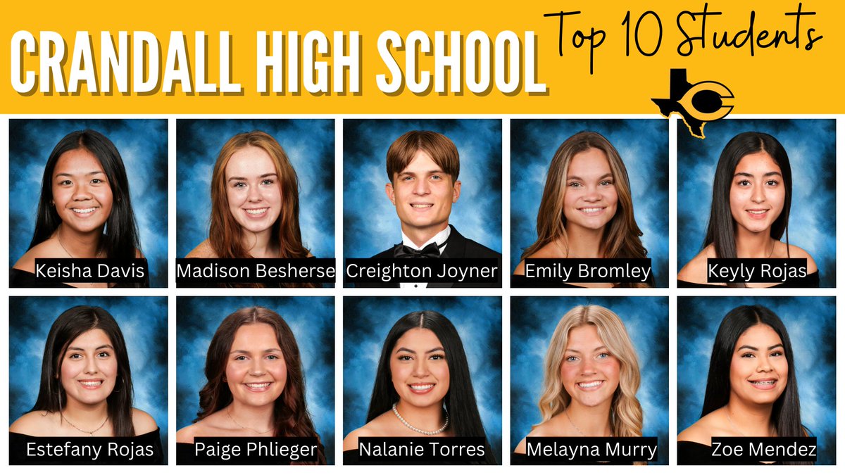 🎓 We're thrilled to announce the Top 10 students of Crandall High School! These exceptional individuals have demonstrated outstanding academic achievement, leadership, and dedication to their studies. Congratulations to each of you for this well-deserved recognition! 🏅