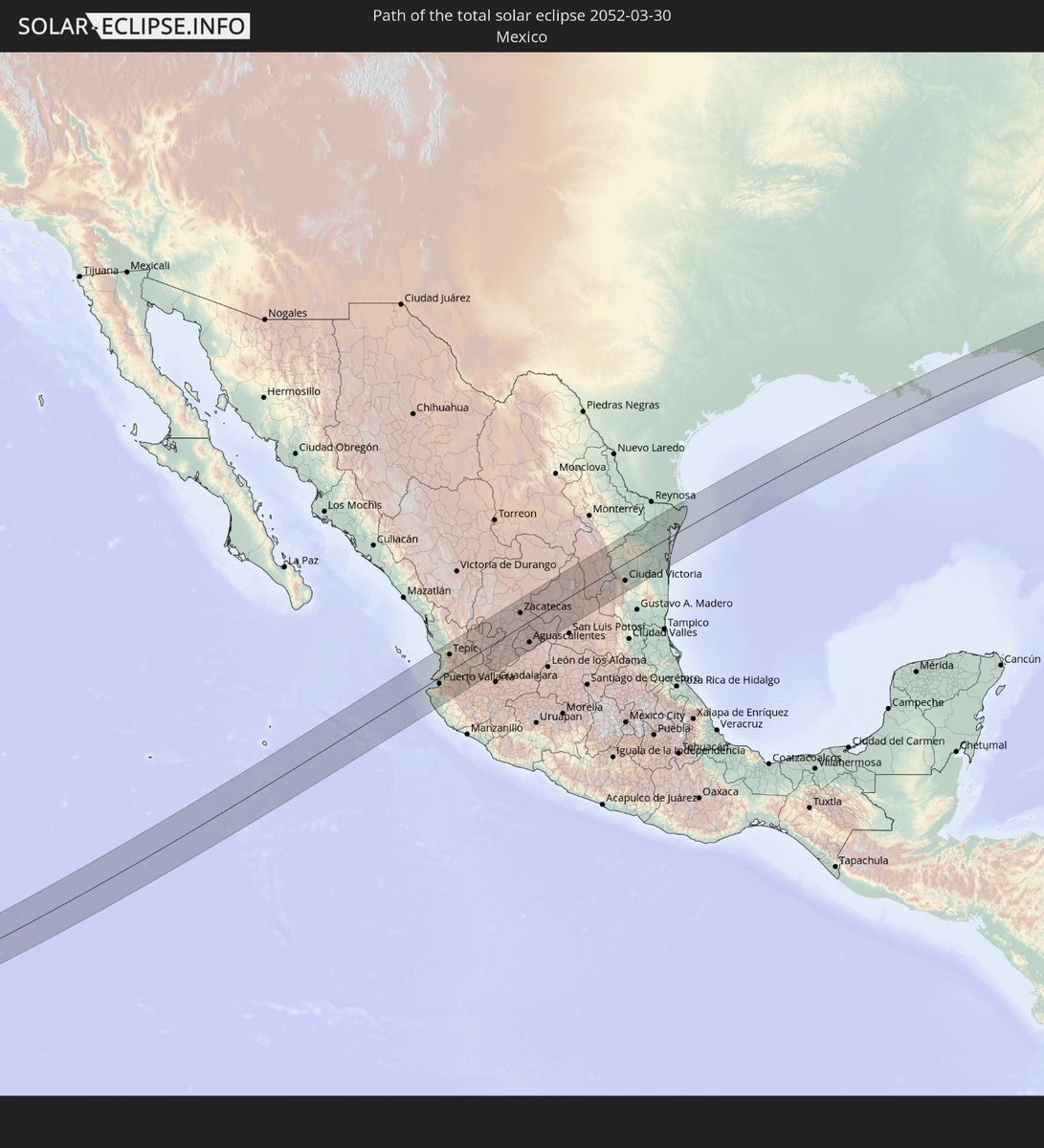 PreMxOficial's tweet image. HASTA PRONTO, ECLIPSE SOLAR 👋🏻 | #México no volverá a ver un #EclipseSolarTotal hasta el 30 de marzo del 2052. 🌑☀️

Este iniciará en #PuertoVallarta, #Jalisco, recorriendo nuestro país hasta llegar a #Matamoros, #Tamaulipas. 🇲🇽