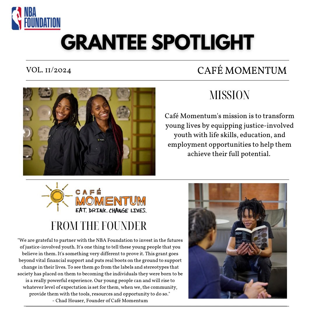 The NBA Foundation is proud to highlight @cafemomentum as a grantee partner 🎉 Started in Dallas, Texas in 2015, Café Momentum is a nonprofit restaurant and training program that provides a paid internship for justice-involved youth. The internship includes 12-months of