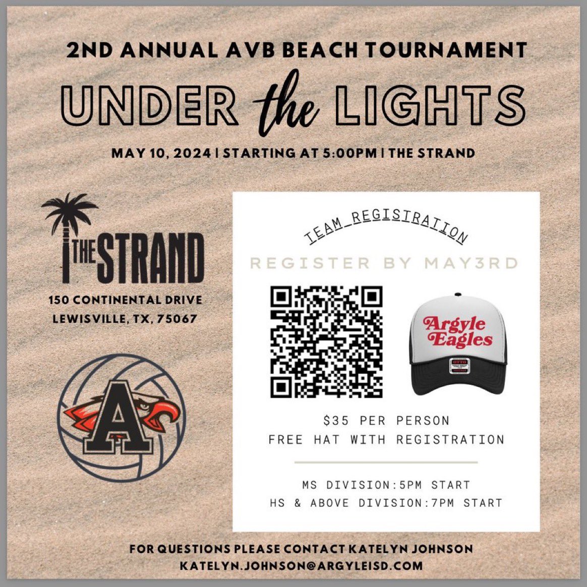 Registration is Here!! 2nd Annual Under the Lights 4 v 4 Beach Tournament 📅 Friday, May 10th ⏰ MS @ 5:00, HS&Above @ 7:00 PM 📍 The Strand Put together a team and come join the fun! Use the link below to register ⬇️ tinyurl.com/24avbbeachplay…