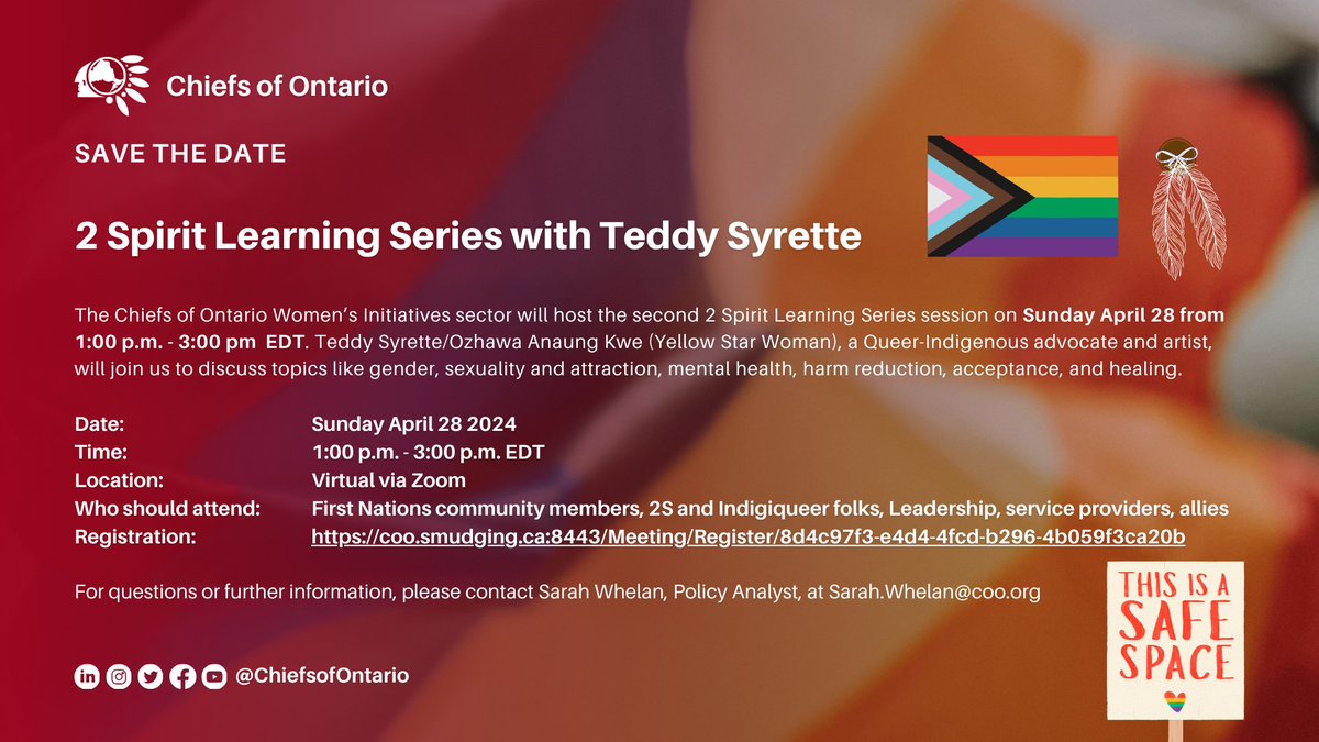 📣The Chiefs of Ontario Women’s Initiatives sector will host the second 2 Spirit Learning Series session on Sunday April 28 from 1:00 p.m. - 3:00 pm EDT. Registration: coo.smudging.ca:8443/Meeting/Regist… #2Spirit
