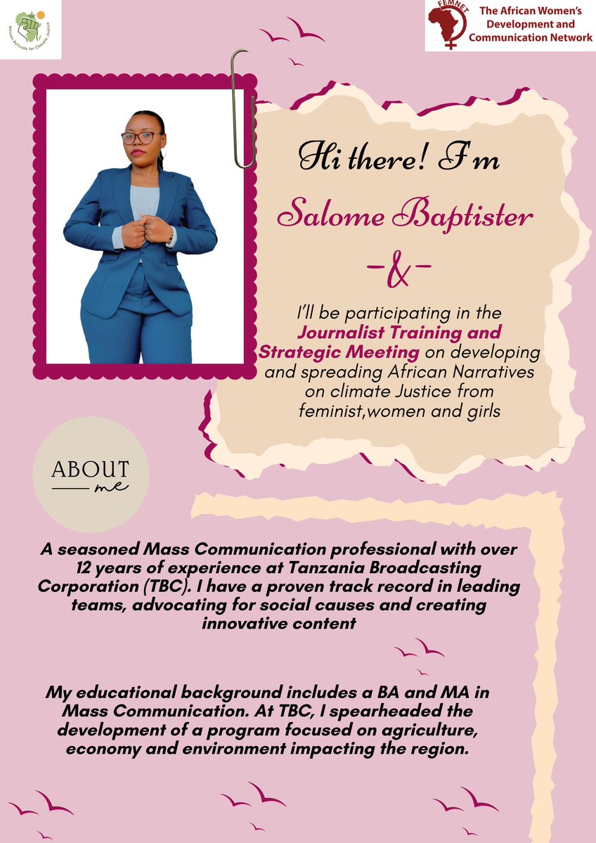 Meet Salome, a passionate journalist with 12+ years at Tanzania Broadcasting Corporation (TBC)! Kristin leads teams, champions social causes & creates impactful content matters #ClimateJustice #AfricanFeministStories