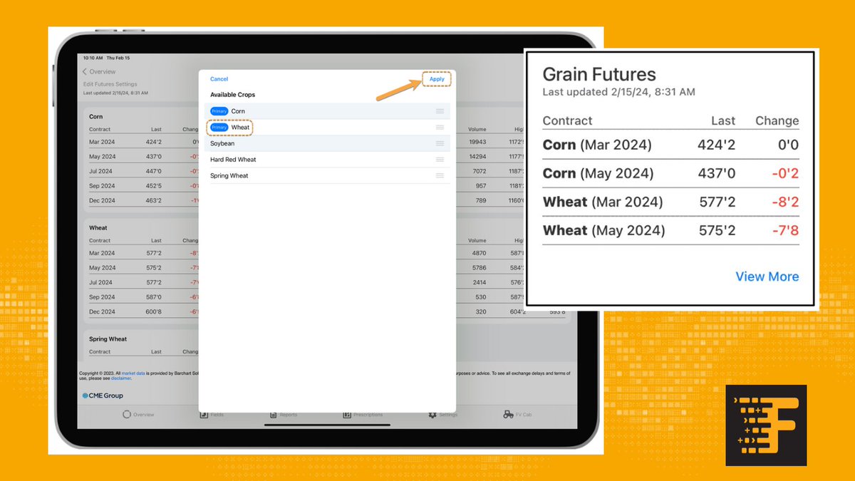 Empower your decisions with Grain Futures Prices now on FieldView App's Overview Screen. Stay informed, react quickly, & maximize profits by accessing delayed futures prices for major crops. Reduce uncertainty & trade confidently w/ FieldView Learn more - bit.ly/3xD3Nww