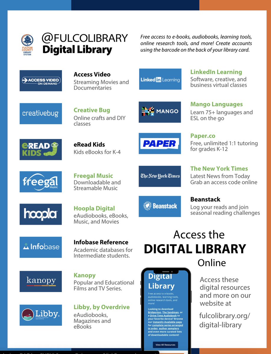 Explore digital resources and learn something new during National Library Week. From e-books to online courses, discover your interests in a unique way. Discover what he library has to offer! tinyurl.com/33dtjr8n

#NationalLibraryWeek #FulcoLibrary #Digitalresource