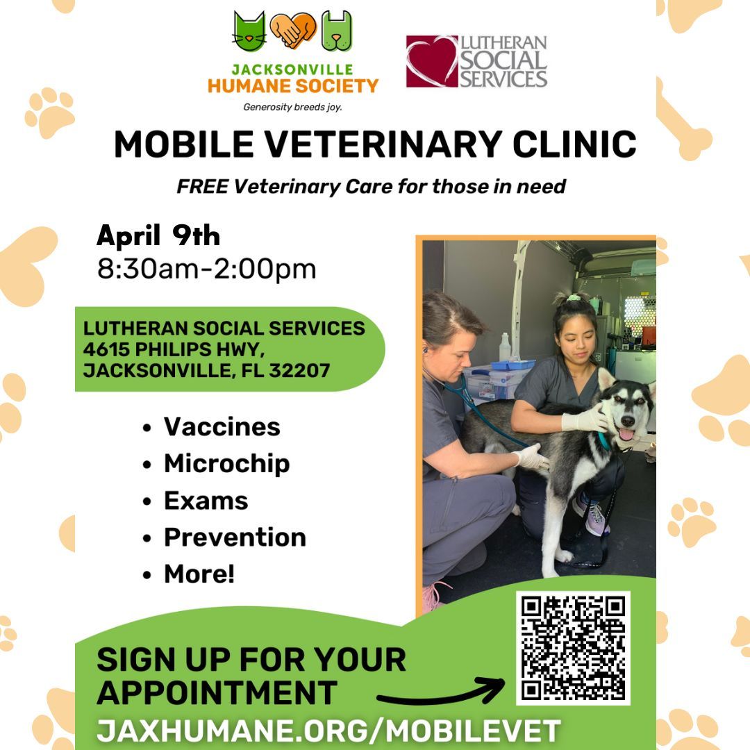 The @jaxhumane Mobile Vet Unit will be returning to LSS tomorrow, April 9th! Visit buff.ly/3TTARIe to make your furry friend an appointment while they are still available! Don't miss out on this tail-wagging opportunity to keep your pets healthy ❤️🐾