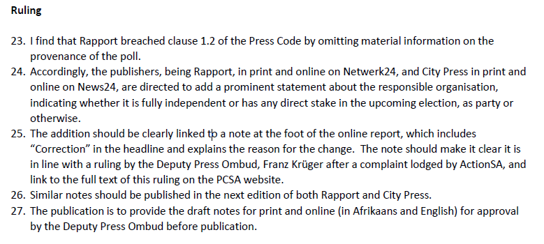 🚨Breaking News🚨 [1/3] The Deputy Press Ombud has ruled in favour of @Action4SA's complaint that the withholding of the origins of a poll, believed to be from the DA, published on 10 March 2024 by 3 media outlets constituted a breach of section 1(2) of the Press Code.