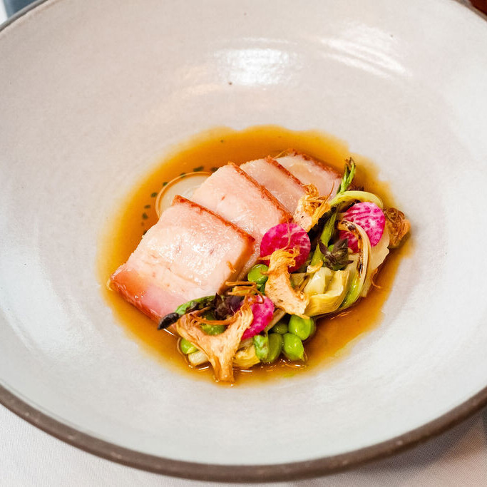 Roasted Pork Belly | Pork Dashi · Green Garbanzo · Ramp · Baby Artichoke