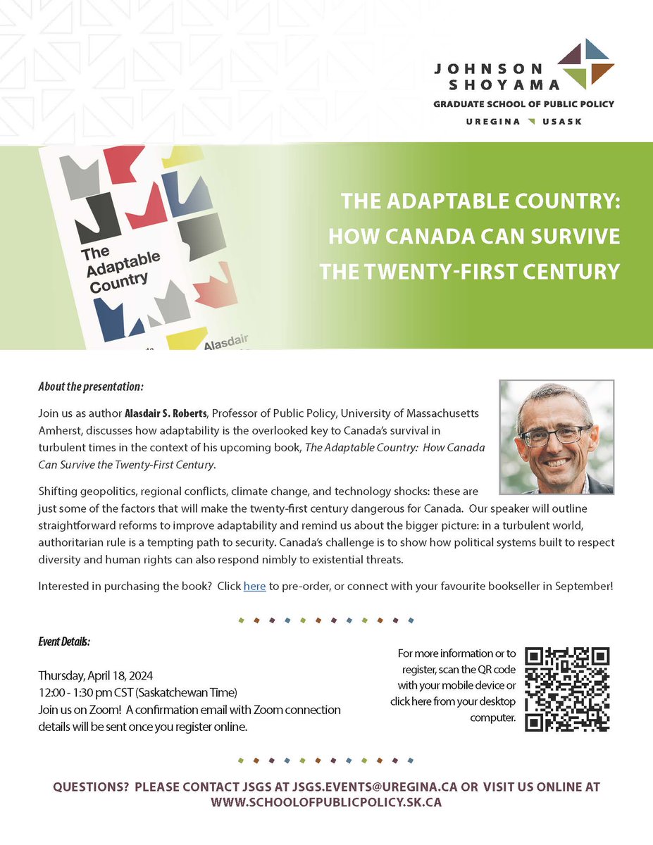 Join us April 18 to discuss Alasdair Roberts’ new book The Adaptable Country: How Canada Can Survive the Twenty-First Century. Click here for details and to register: schoolofpublicpolicy.sk.ca/news-events/ev… @uofregina @usask @utpress @umassAmherst @alasdairroberts #adaptable #skpoli #cdnpoli