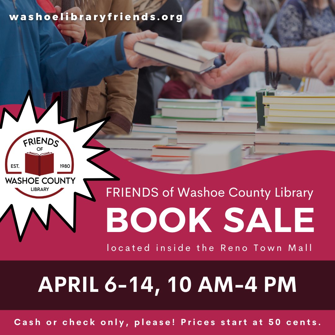 Don't miss the @FriendsWashoe spring #BookSale! Catch the sale through April 14, from 10 am-4 pm inside the Reno Town Mall. Visit washoelibraryfriends.org to learn more about the Friends nonprofit and all that they do to support library services.