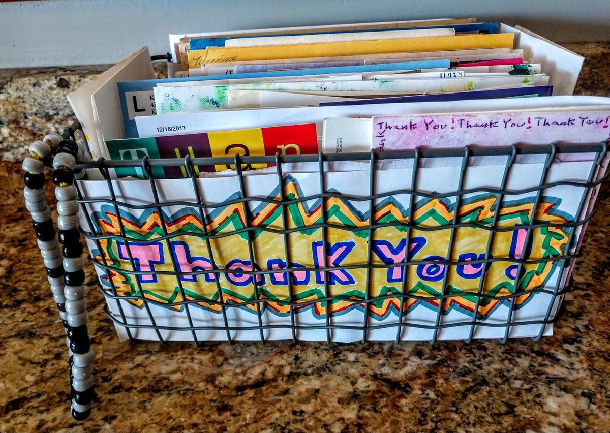 April 8, 2018, FB post: We love our little basket full of 2017 & 2018 'thank yous.' We save all thank yous. Reminds us of you thoughtful folks. Do you save the thank yous you receive? Do you write thank yous?