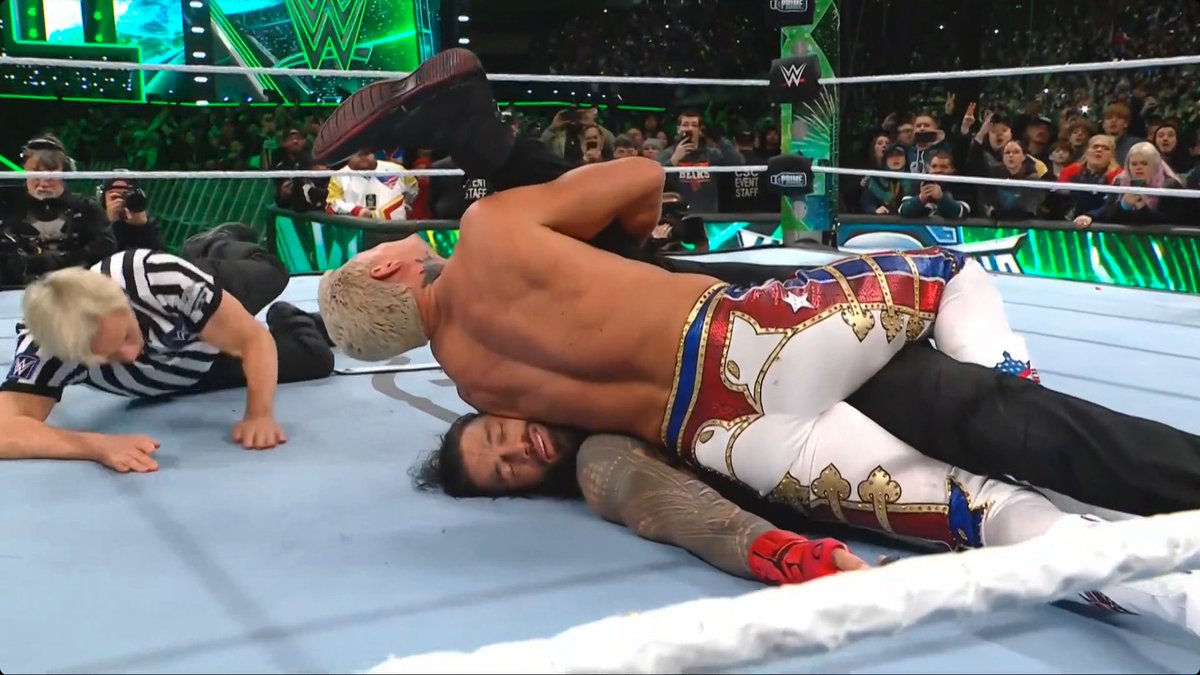 Just  finished watching the match again just now, but I just caught this shot  of Reigns smiling somewhat.  He's laying there and probably saying to  himself, "I finally rest and watch the sun rise on a grateful WWE  Universe."  Hehehe #WWEWrestlemania #CodyRhodes #RomanReigns