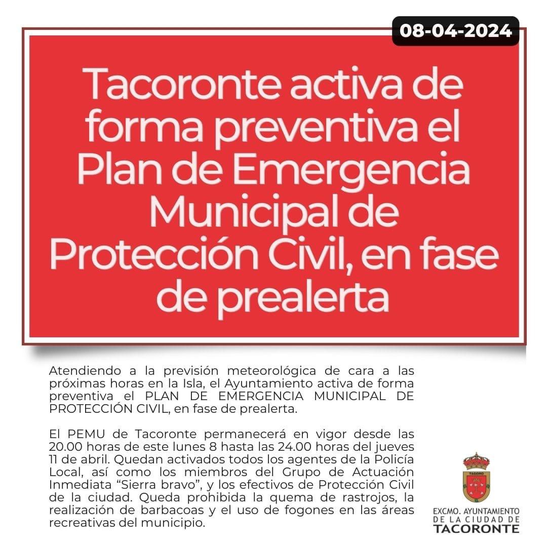 #Tacoronte activa en fase de #prealerta el Plan de Emergencia Municipal de #ProtecciónCivil debido a la #alertaporvientos, los #fenómenoscosteros y el #riesgodeincendiosforestales previsto para las próximas horas. 

Rogamos máxima precaución.