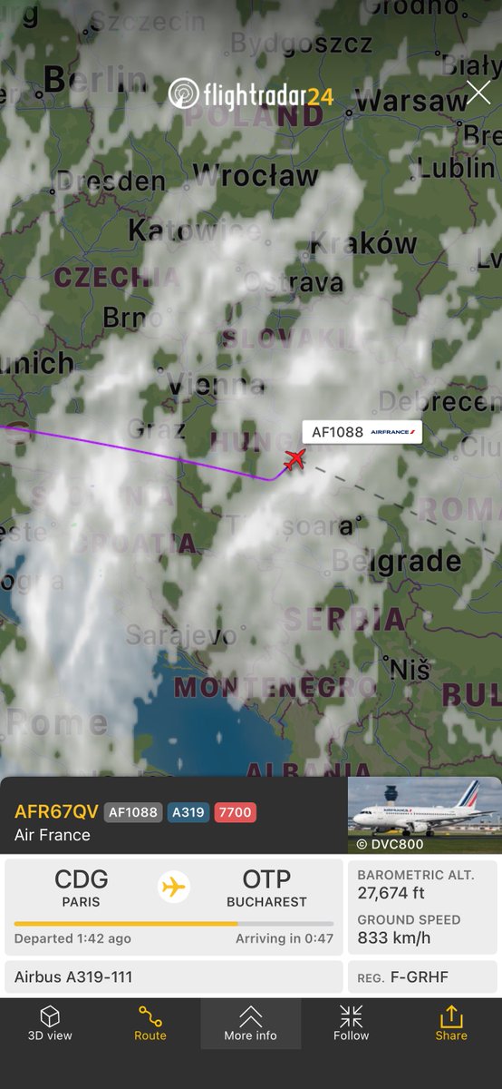 Flight AF1088 from Paris to Bucharest
fr24.com/AFR67QV/34b035…

الفرنسية A319 تُعلن الطوارئ ويبدو أنها ستغيّر وجهتها.