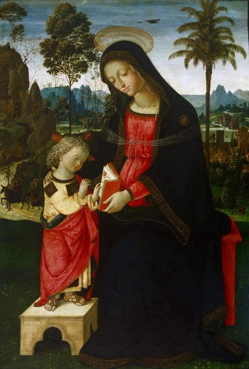 Madonna z czytającym Dzieciątkiem 1495r. Na 61x41cm Pinturicchio Szaty Dzieciątka są inspirowane późnobizantyjskimi mozaikami widzianymi przez autora w Rzymie. W tle znajdują się dwa symetryczne drzewa, z których jedno jest palmą, symbolem męczeństwa. Filadelfia