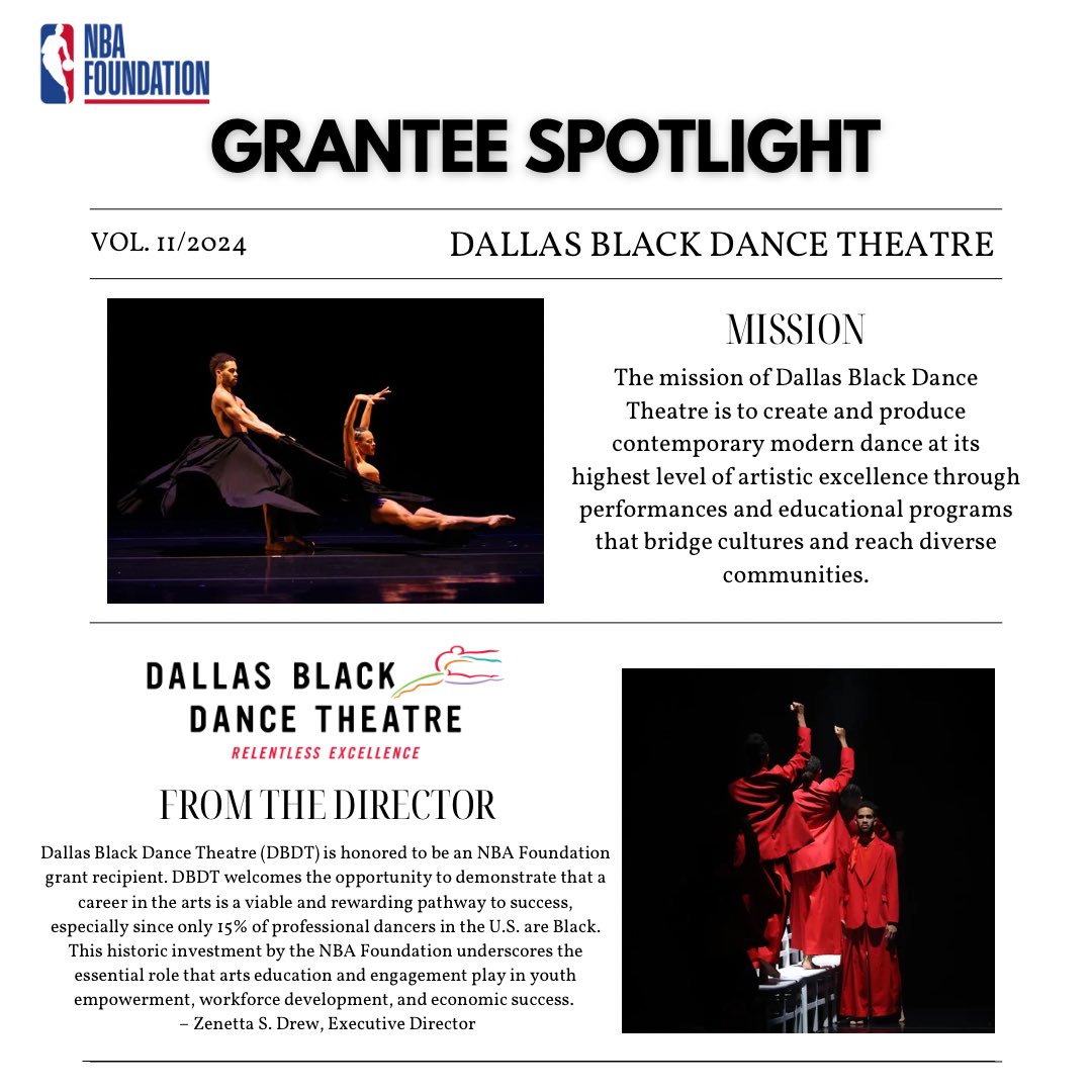 We’re thrilled to highlight @dallasblkdance as part of our 11th round of NBA Foundation grants 🥳 Dallas Black Dance Theatre is an organization with a vision to fulfill its mission through performance and educational programs that bridge cultures, reach diverse communities and