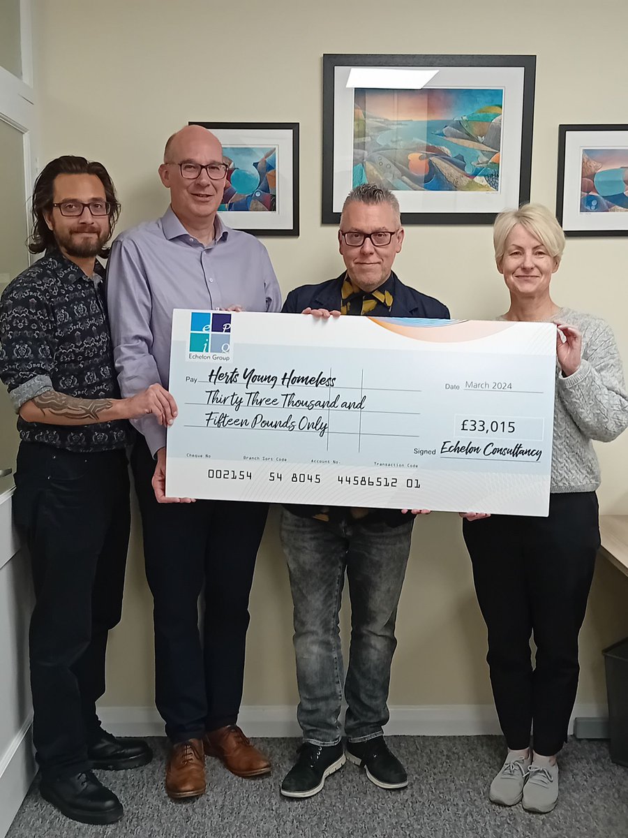 Echelon Group CEO Mathew Baxter presented a cheque for £33,015 to @hyhnews this week. The cash was raised through a raffle and auction held during the Echelon conference and networking dinner at Wembley. The Echelon Group has raised £100k for the charity to date. #homelessness