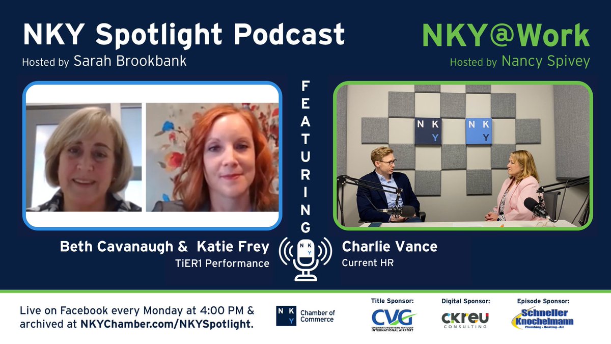 Tune into the NKY Spotlight Podcast! Today, we are joined by Beth Cavanaugh and Katie Frey of TiER1 Performance, and Charlie Vance of Current HR. Listen to the episode now at bit.ly/3PTt6Ru.