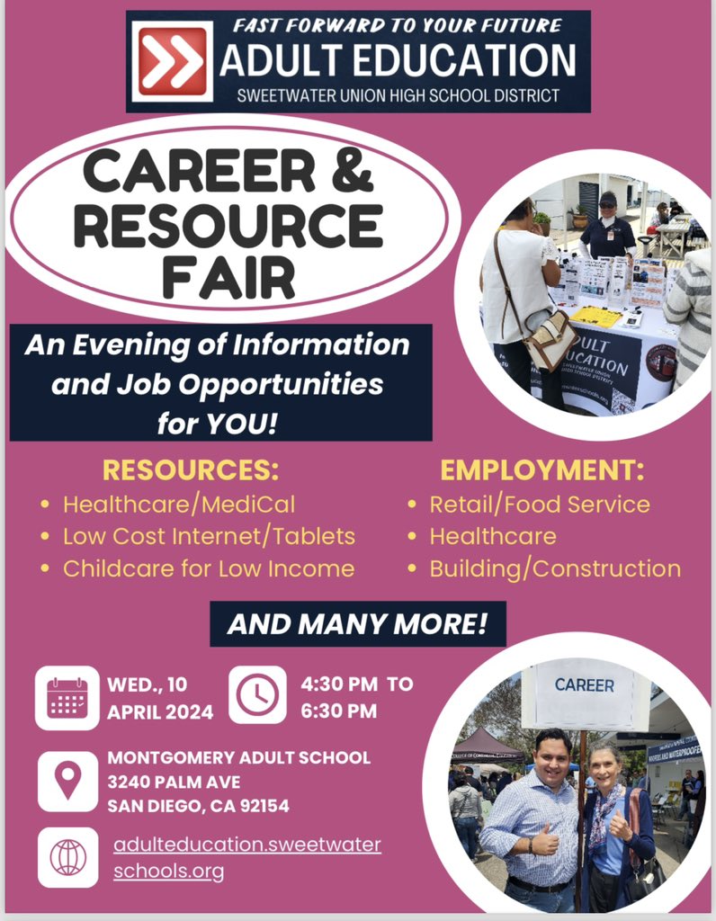 This Wednesday, April 10th, JOIN US from 4:30 to 6:30pm! ALL are welcome! If you are looking for a job or for help with childcare, healthcare, or other resources, this is the event you don't want to miss! #careerandresourcefair #SUHSDAdultEd #employmentfair #resourcefair #jobfair