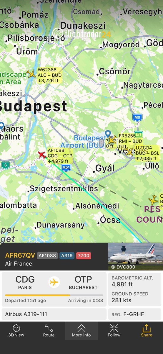 Flight AF1088 from Paris to Bucharest
fr24.com/AFR67QV/34b035… pilot just advised air traffic control. No medical assistance is required.