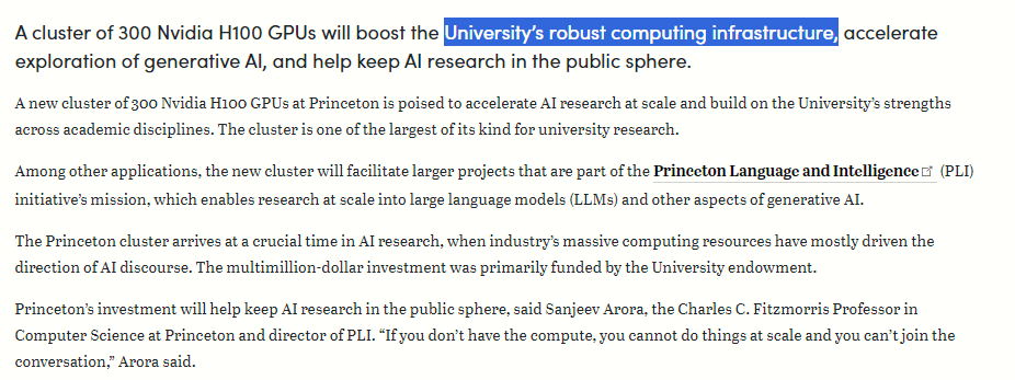 @Princeton invests in new 300-GPU cluster for academic! AI research very slow progress but good direction NOT FOR PROFIT #AI #computing infrastructure not based on HPCaaS BigTech @ZWarso @GaneshSitaraman @AINowInstitute @m_gdula @niedakh @KGawkowski