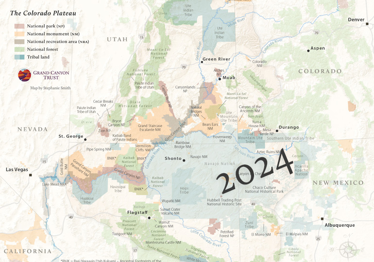 It's here! The 2024 Colorado Plateau map, updated by <a href="/StephaniesMaps/">Stephanie Smith</a> to include Baaj Nwaavjo I'tah Kukveni – Ancestral Footprints of the Grand Canyon National Monument. Can you find it? 
Hint: Look for "BNIK"

Download a free copy: grandcanyontrust.org/map-colorado-p… #map #gis #cartography
