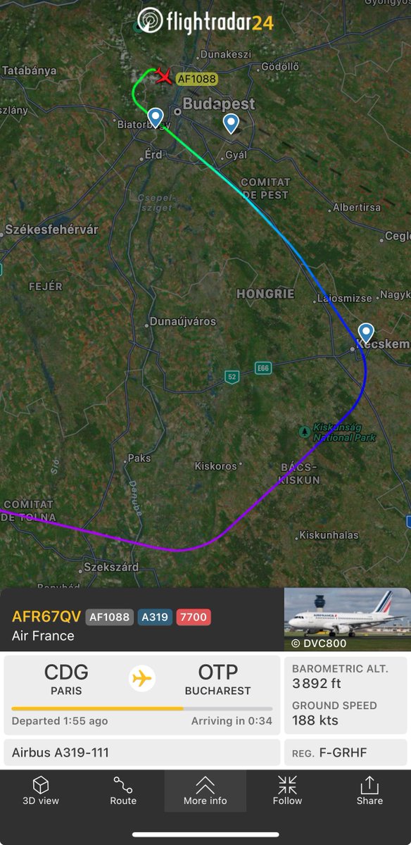 ✈️🆘↩️ #AirFrance flight #AF1088 #AFR67QV aircraft #A319 (F-GRHF) operating between #Paris #CharlesDeGaulle #CDG #LFPG 🇫🇷  and #Bucharest #OTP #LROP 🇷🇴 has declared #emergency #squawk7700 for as yet unknown reasons and is currently diverting to #Budapest #BUD #LHBP 🇭🇺