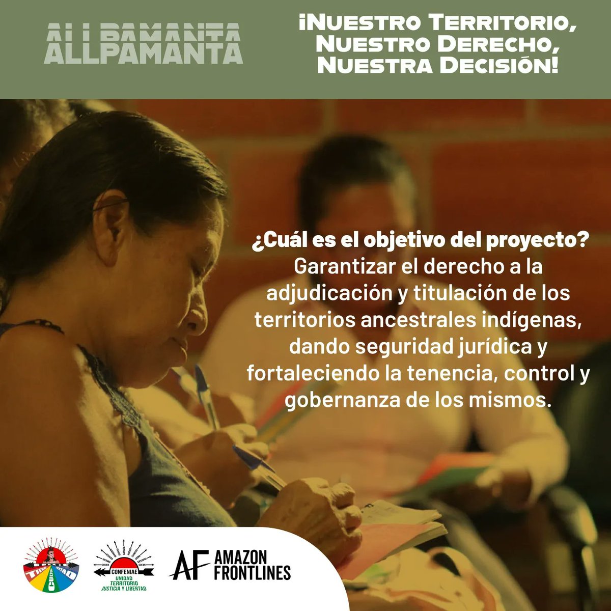 🍃 #Allpamanta | El territorio es el pilar fundamental que sostiene la vida, organización y derechos colectivos de los #PueblosIndígenas.  La #TitulaciónDeTerritoriosYa es la base fundamental para mantener los recursos naturales protegidos.

#TerritorioAncestralDerechoVital