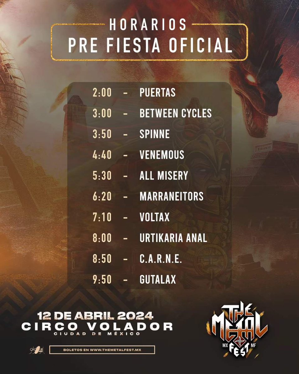 Así quedaron los horarios para el The Metal Fest Mx .
Los vemos este sábado 13 en el @Velodromo1968  y el viernes 12 el @circovolador 

#Vórtice 
@CACIQUEMx 
@CigarroaMedios