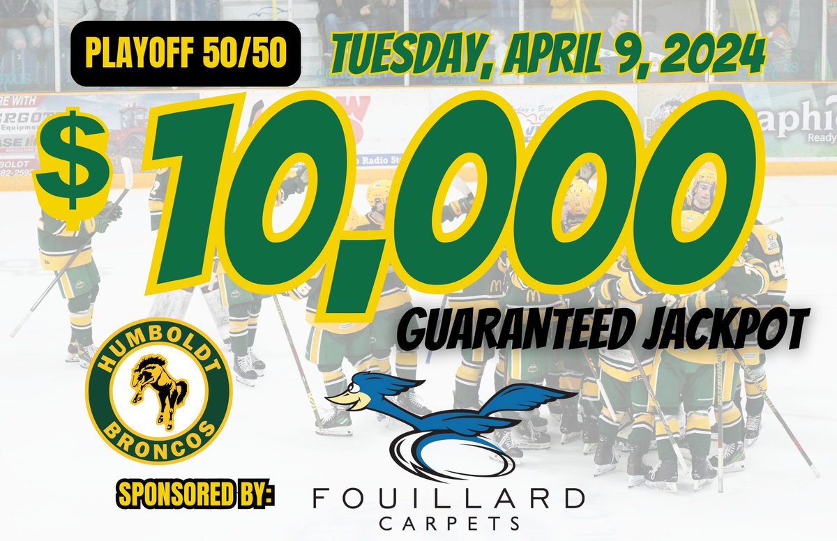 PLAYOFF GAME DAY 50/50 is now online Jackpot is a guaranteed $10,000 sponsored by Fouillard Carpets Buy your tickets here sk.tap5050.com/apex/f?p=127:P…