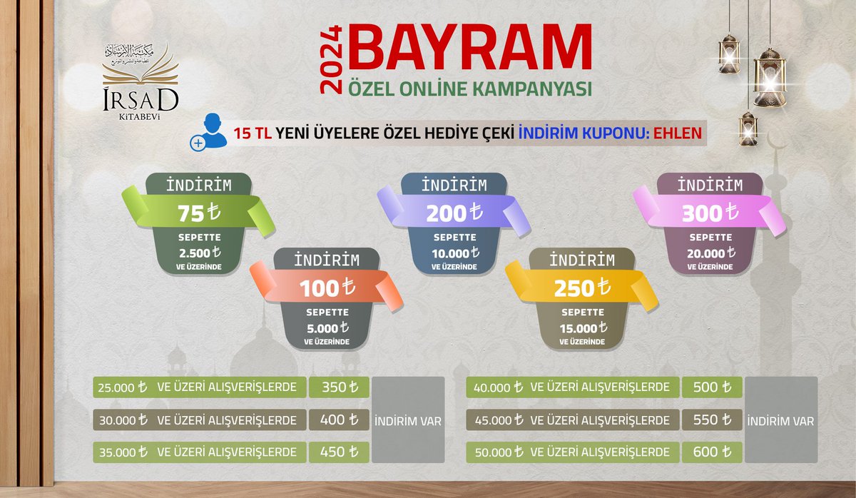 🕌Bayram Hediyesi❗ 🌙#Bayram'a Özel Tüm Kitaplarda 6️⃣0️⃣0️⃣ ₺'ye varan #indirim İrşad Kitabevi'nde... 🚚Ayrıca 2.000₺ ve üzeri #kargo bizden 👥 Yeni #üyelere +75₺ #hediye 🤌 🚨#Stoklar Sınırlı Bizden Hatırlatması..📣 🔗irsad.com.tr #indirim #ramazan #bayram