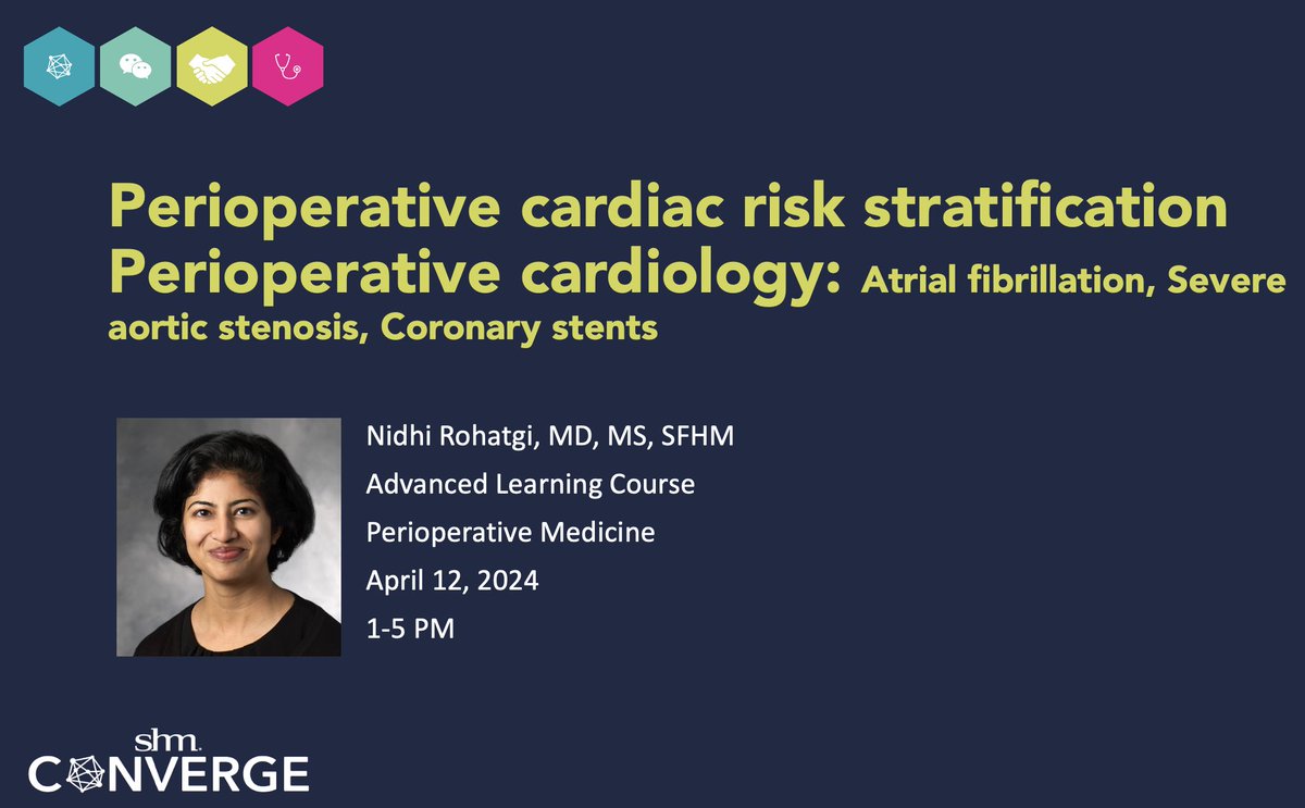 Looking forward to presenting on #perioperative cardiac risk stratification and other cardiology topics (afib, severe aortic stenosis, coronary stents) at #SHMConverge24 Advanced Learning Course! Thanks @HarropCatriona and @smitakkalra for the invitation and to our facilitators.