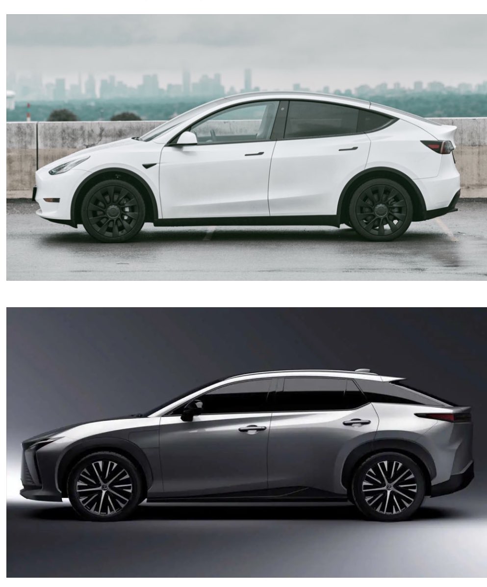 Lexus RZ450e electric’s longer hood design flows gracefully into its rear whereas Tesla Model Y has a stubby front with an awkwardly sloping hood that’s incongruous with its bulbous rear. Tesla’s short front with frunk compromised its suspension design and degraded ride quality.