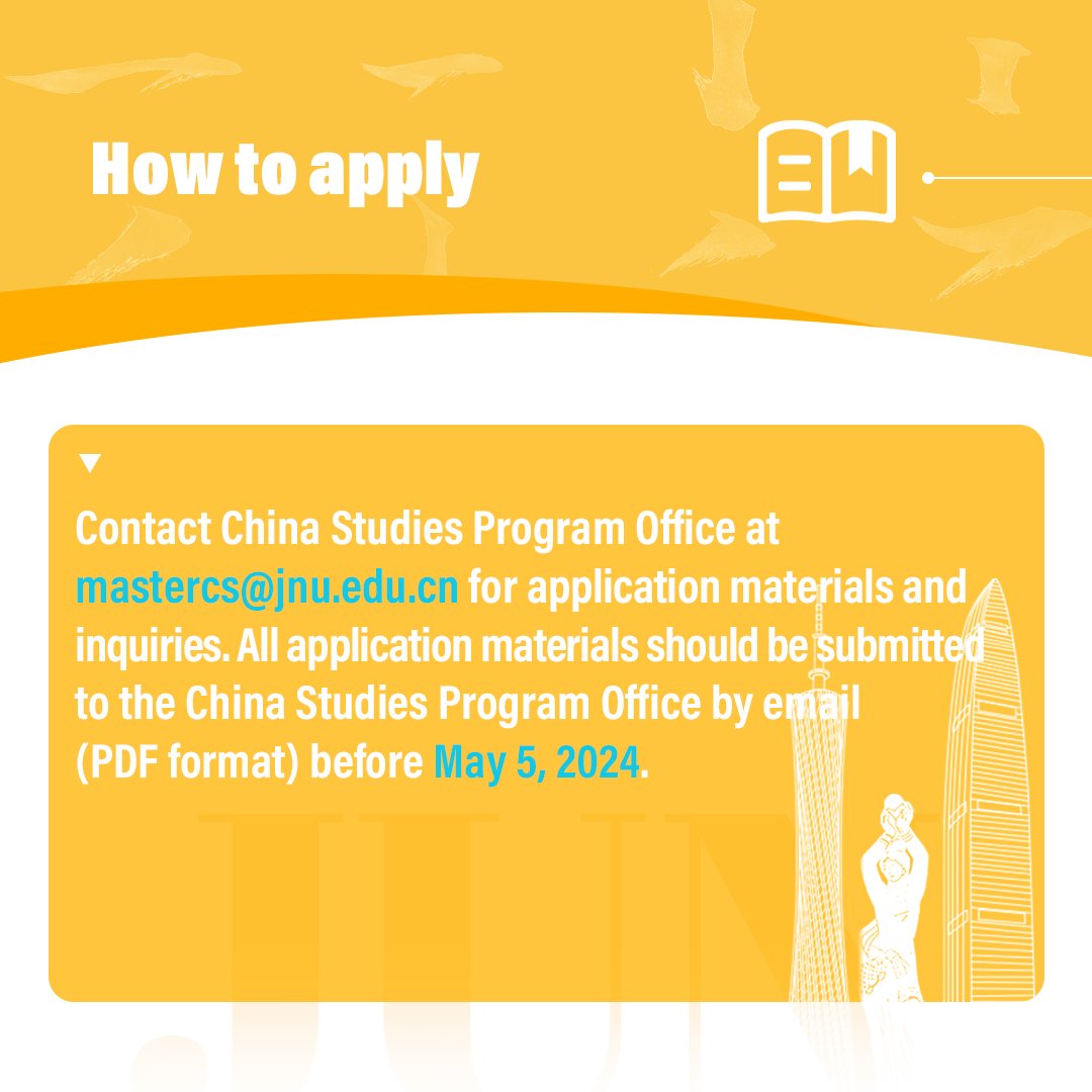 🎓 Looking to advance your #ChinaStudies to the doctoral level? Explore the #JNU #InternationalSchool’s Ph.D. Program in China Studies!📖🌍

【❗Application Deadline❗】
📅May 5, 2024

【❗Contact Us❗】
📮mastercs@jnu.edu.cn

#Chineseculture #PhdProgram #暨南大学