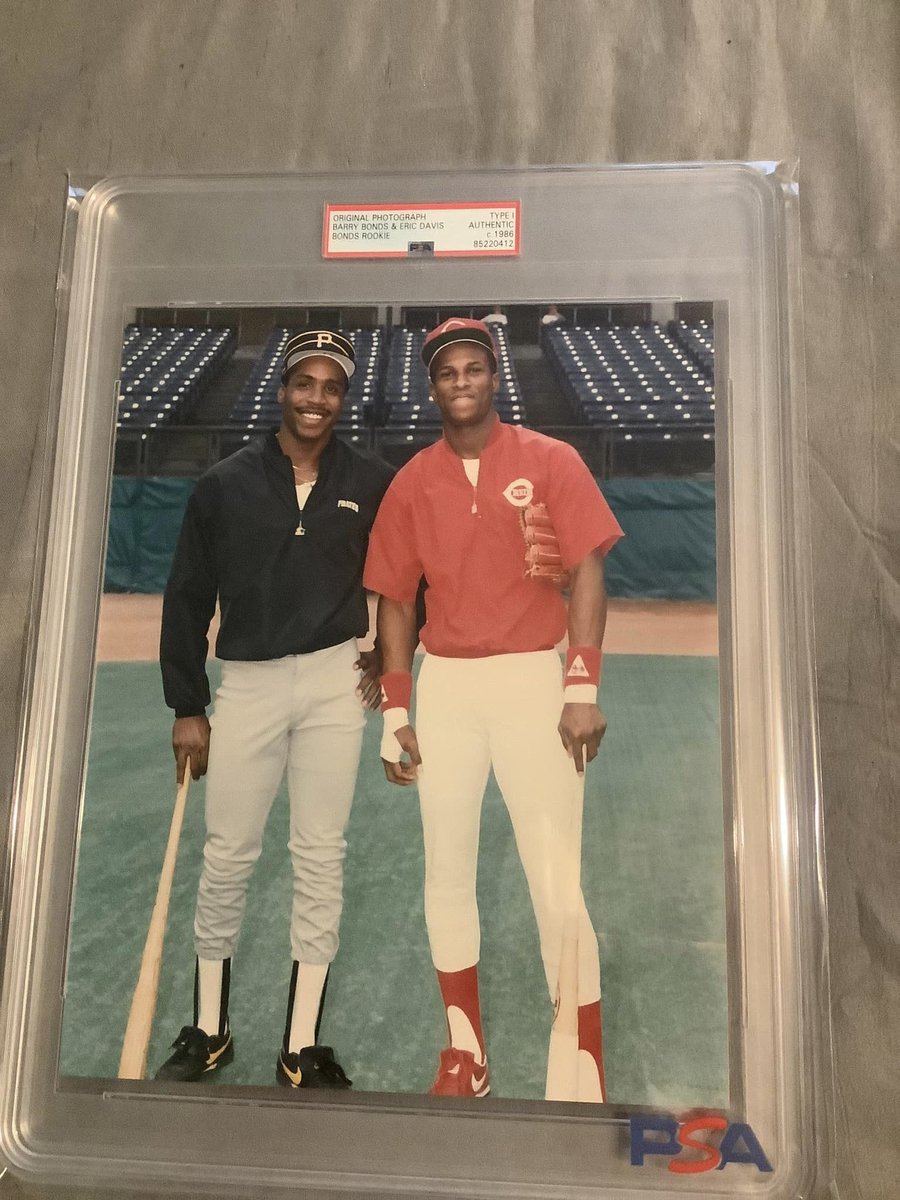 I just got this back from PSA Authentication 1986 rookie year Barry Bonds original type 1 8x10 photo posed with Eric Davis. What ya think? Pretty nice shot! @1992Pirates @Pirates @BeisbolCardBlog @CardPurchaser @ExamineBaseball @TheFrizz87 @PSAcard @dpeck100 @BarryBonds @Reds…