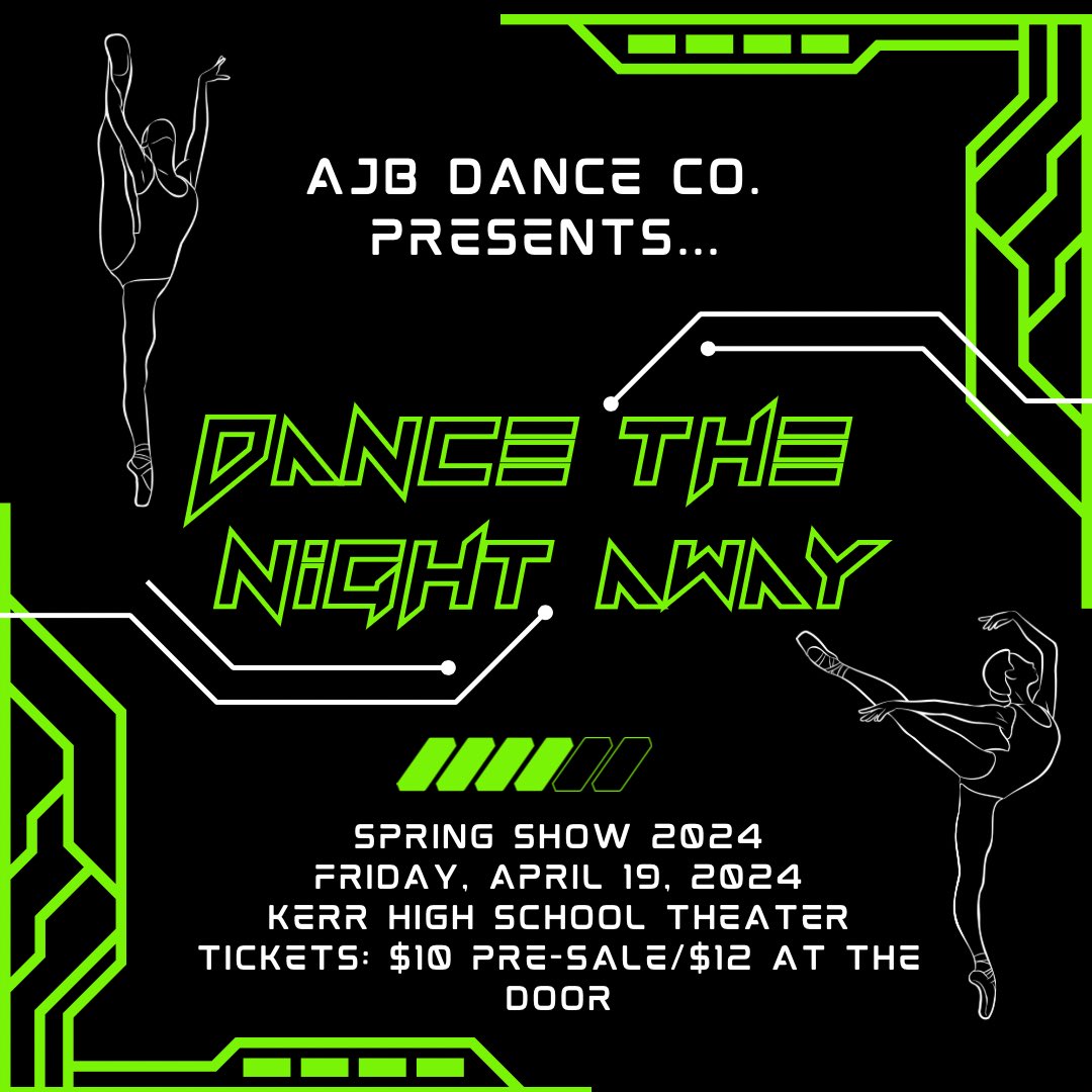We are back with our annual Spring Show! “Dance the Night Away” will premiere at Kerr High School on Friday, April 19th at 7pm. Tickets are $10 pre-sale and $12 at the door. Tickets can be purchased online through the link in our bio or from any AJB member. See you at the show!!!