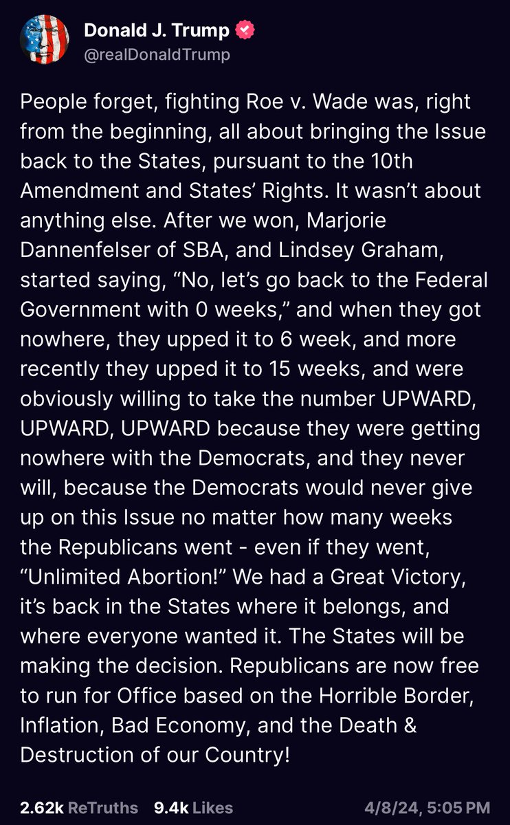 This telling of history is objectively wrong. The “abortion is a state issue” claim is new. Pre-Dobbs Republicans fought for nationwide abortion restrictions for years each session they ran the House or Senate. Donald Trump supported nationwide abortion restrictions as president.