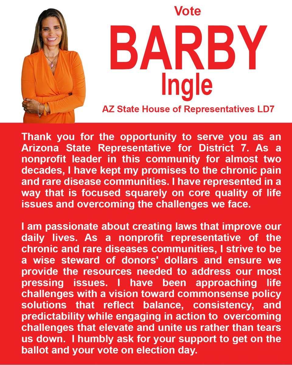 As someone who cares deeply about our community, I am proud to support #BarbyIngleForArizona. Her record of advocacy and leadership is exactly what we need in our State Representative for LD7. Check out barbyingle.com to learn more. #Pinal #Coconino #Gila #ApacheJunction