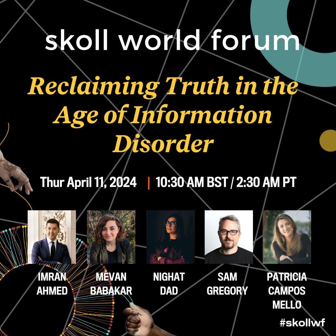 Misinformation has made the truth more difficult to discern for citizens heading to the polls. Join @Imi_Ahmed, @MeAndVan, @nighatdad, @SamGregory, and @camposmello this week to explore how we can reclaim truth and safeguard democracy. Register: skoll.wf/4cRLwfp #SkollWF
