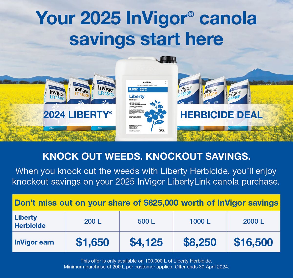 Great news! More InVigor® LibertyLink® canola is now available. And if you are chasing superior weed control with Liberty® herbicide you stand to earn BIG credits on your 2025 InVigor LibertyLink varieties. Hurry! Offer ends April 30
