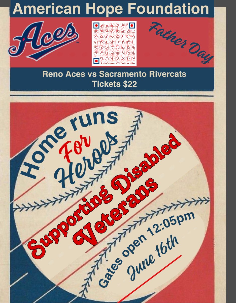 ⚾️ Home Runs for Heroes at Aces Ball Stadium ⚾️
Join us Fathers Day for the Reno Aces vs Sacramento Rivercats in a charity baseball game. Make every hit count for our local disabled Veterans. #americanhopefoundation #HomeRunsForHeroes #SupportOurVets #FamilyFunForACause 🎗️