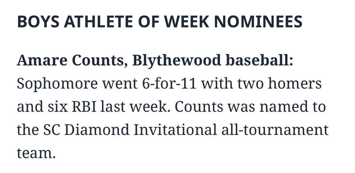 Thankful to be nominated for midlands boys athlete of the week, just got to keep on working and stay driven. @PBR_SC @diamondprospect @BaseballBengals