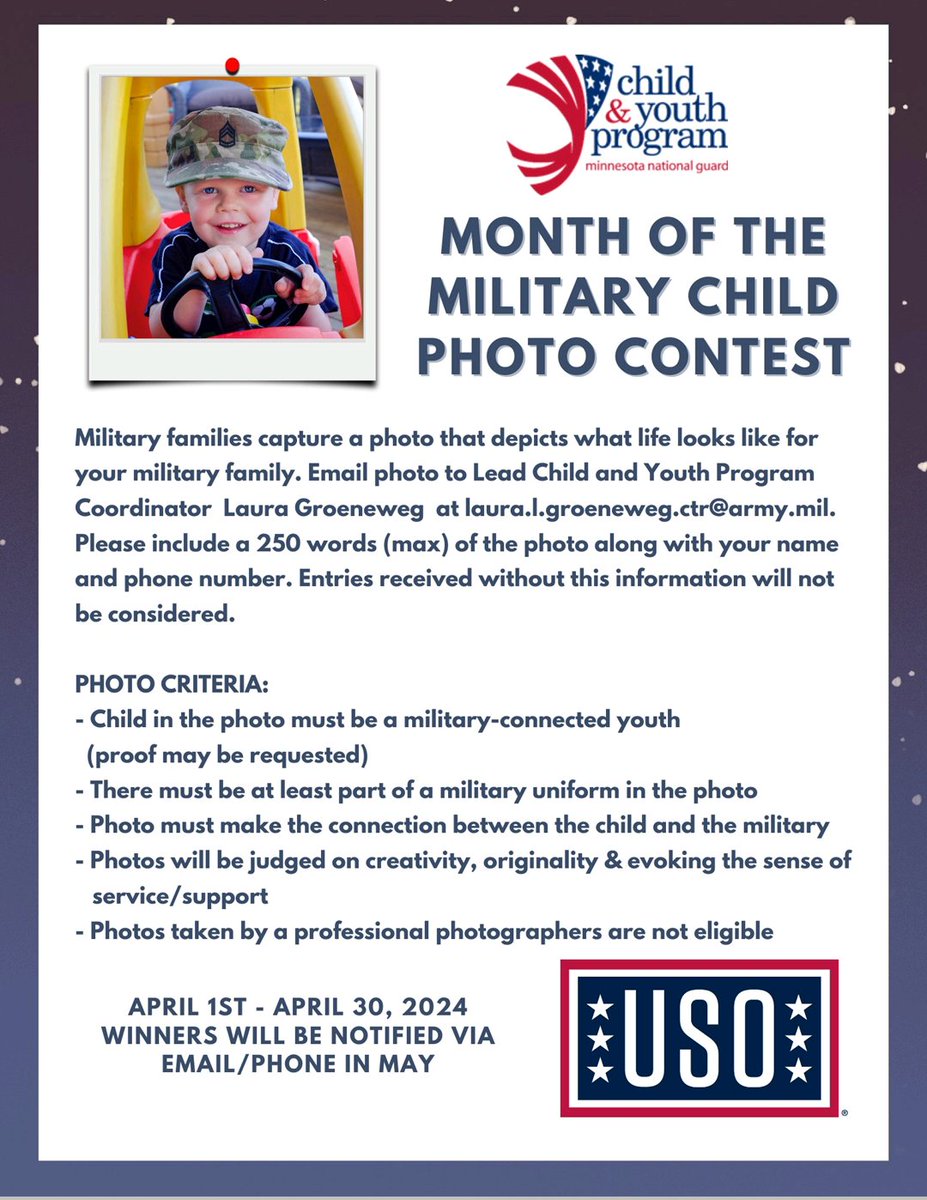 #MonthoftheMilitaryChild

.@MNNationalGuard Child & Youth Program Resources:

🟪 Zero to Three
🟪Child Care Aware
🟪Military Kids Grant
🟪Military Kids Toolkit
🟪United Heroes League
🟪Parent Resource Guide
ngmnpublic.azurewebsites.us/child-youth-an…

Don't forget 📷

#ResistanceUnited #FreshStrong