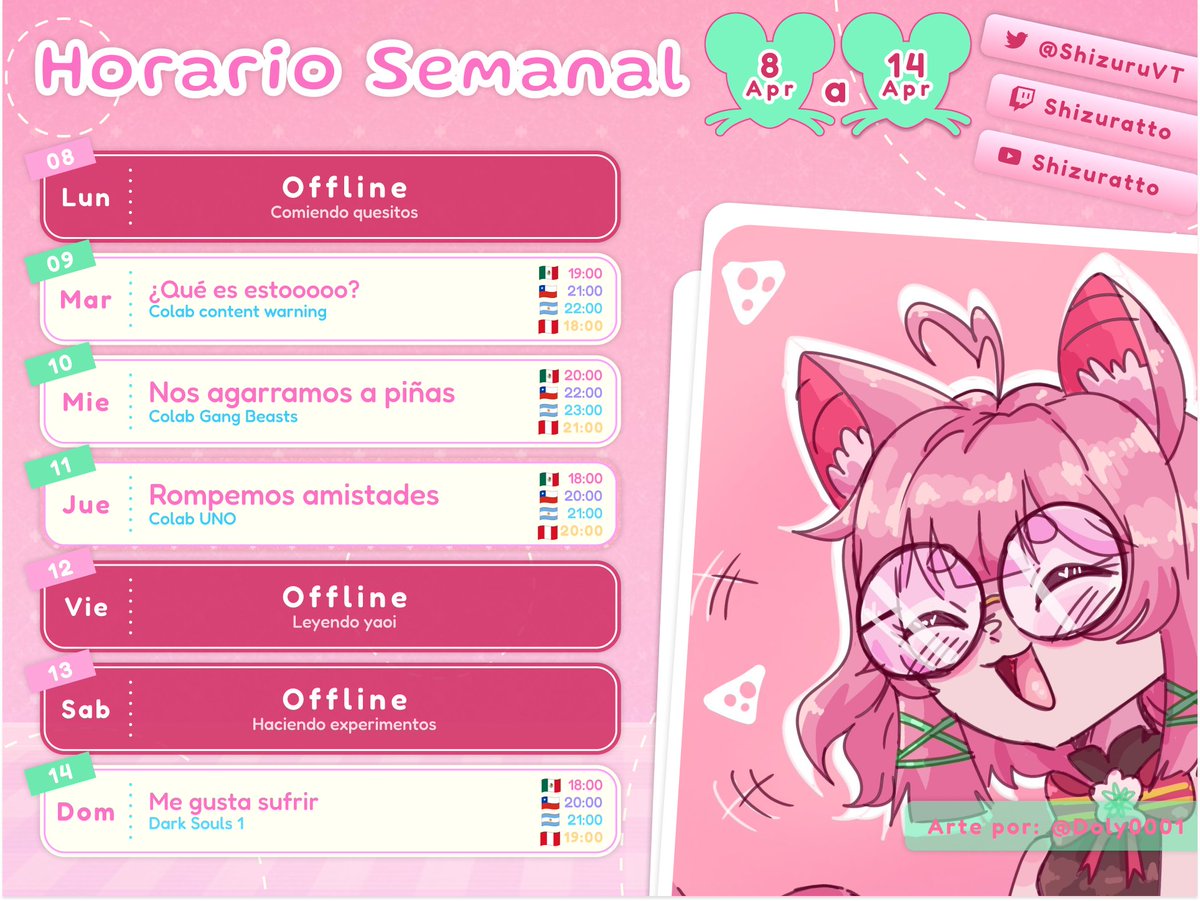 Shizuru ⚛️🐀 E-On Studio (@shizuruvt) on Twitter photo 🐀Rattorario semanal🐀
¡Semana de colabs!
⚛️Mar: Content warning ft <a href="/NicteCervus/">Nicte Cervus 🌺 VTUBER</a> <a href="/CalyxSeiran/">Calyx Seiran 🐲☁️</a> y <a href="/Kit_Zenx/">Kit_Zen 🦊</a>
⚛️Mie: Gang beasts ft <a href="/RinaVirtual/">୨💚୧ RawrRina✨˚₊</a> <a href="/NymphaaeaVT/">Nymphaaea 🔮</a> y Calyx Seiran
⚛️Jue: UNO ft <a href="/NayaOnuphyrus/">Naya Onuphyrus | Sainō 🐍🪷</a> <a href="/CherryCraft__/">fc8b8b2161</a> y @UtaLumineve
⚛️Dom: Dark Souls 1
¿Me ayudarías con un RT y 🐀Rattorario semanal🐀
¡Semana de colabs!
⚛️Mar: Content warning ft <a href="/NicteCervus/">Nicte Cervus 🌺 VTUBER</a> <a href="/CalyxSeiran/">Calyx Seiran 🐲☁️</a> y <a href="/Kit_Zenx/">Kit_Zen 🦊</a>
⚛️Mie: Gang beasts ft <a href="/RinaVirtual/">୨💚୧ RawrRina✨˚₊</a> <a href="/NymphaaeaVT/">Nymphaaea 🔮</a> y Calyx Seiran
⚛️Jue: UNO ft <a href="/NayaOnuphyrus/">Naya Onuphyrus | Sainō 🐍🪷</a> <a href="/CherryCraft__/">fc8b8b2161</a> y @UtaLumineve
⚛️Dom: Dark Souls 1
¿Me ayudarías con un RT y