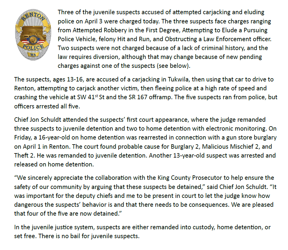 3 of the 5 juveniles were charged in connection with the attempted carjacking & crash on April 3. Because of a lack of criminal history, the law requires the others to receive diversion. That could change for one, as he was rearrested on a separate case.