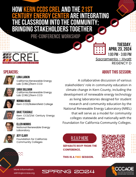 There are 5 AM and 4 PM pre-conference sessions for the Spring Conference. Must RSVP. Free with your full conference registration. How Kern CCDs California Renewable Energy Laboratory (CREL)... session is at 1 pm. Learn more - cccaoe.org/spring-confere… #CCCAOESpring2024 #CREL